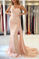 Vintage One-shoulder Satin Evening Prom Gown Mermaid Bridemaids' Dresses 2 4 6++