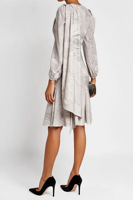 Abito sciarpa drappeggiata Alexander McQUEEN $2795 grigio stampa marmo seta crepe nuovo con etichette