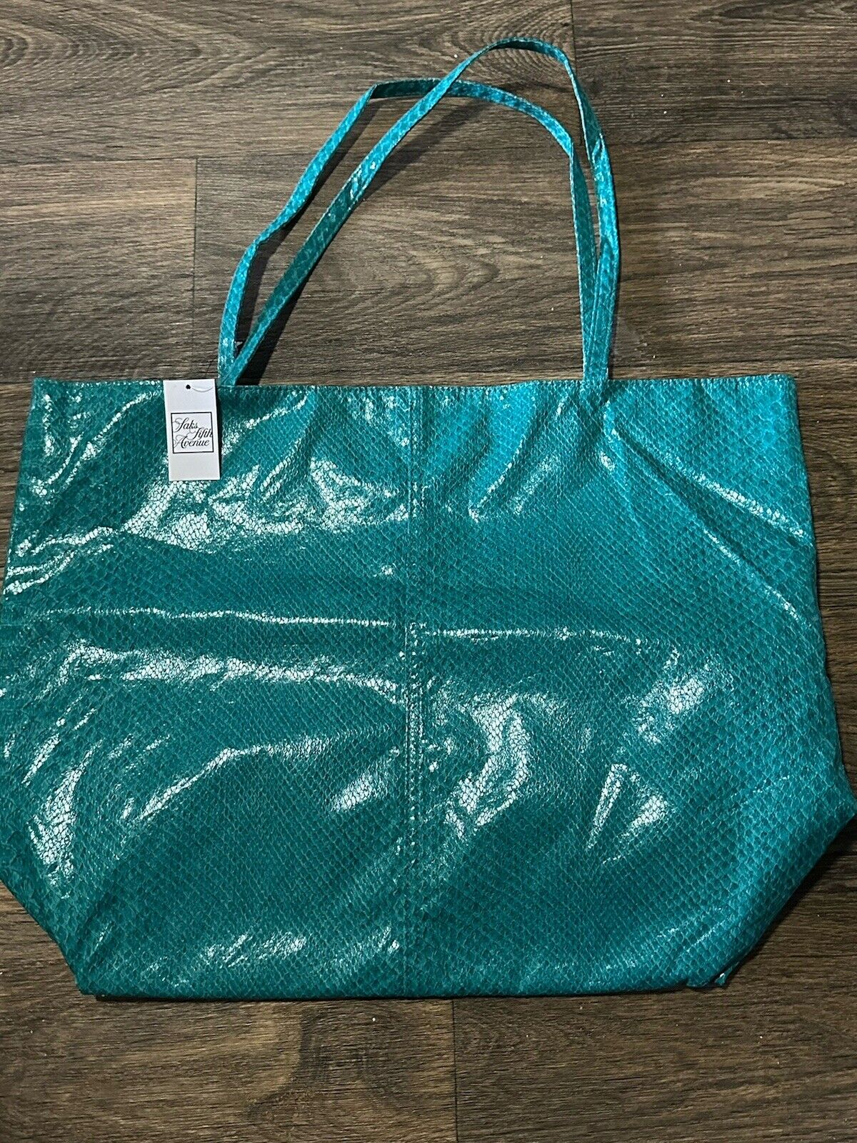 Saks Fifth Avenue Turquoise Faux Leather Snakeskin Tote Bag Large Carry All  