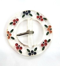 Vtg Czecho Slovakia Glass Belt Buckle Clear with Flowers Enamel or Paint 2" Dia.