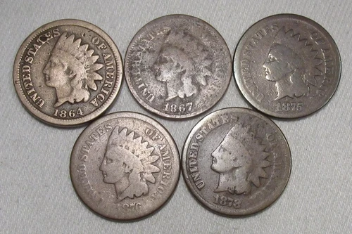 1864-1878 Indian Cent Lot (5 Coins) AQ288