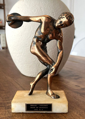 Vintage 1960s Solid Bronze Discus Thrower Greek Statue Marble Base 7 Inch
