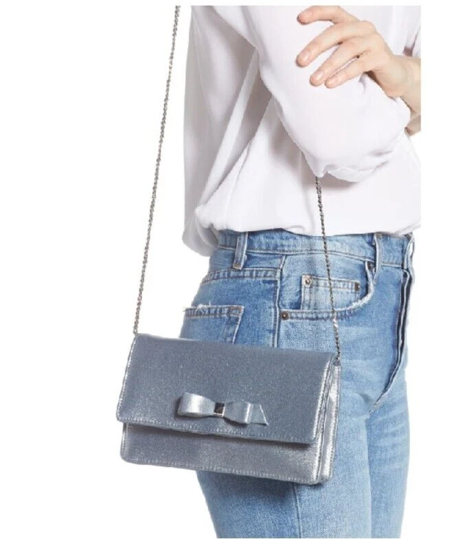 Ted Baker ZAANDRA Satin Bow Envelope Evening Bag Silver NWT