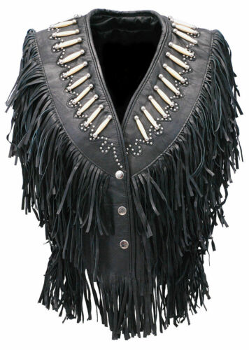 Women's Western American Genuine Bone Studded Fringe Leather Vest Black/Brown - Picture 5 of 17