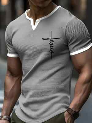 Solid And Letter Print ''FAITH'' Waffle Knit V-neck And Short Sleeve T-shirt
