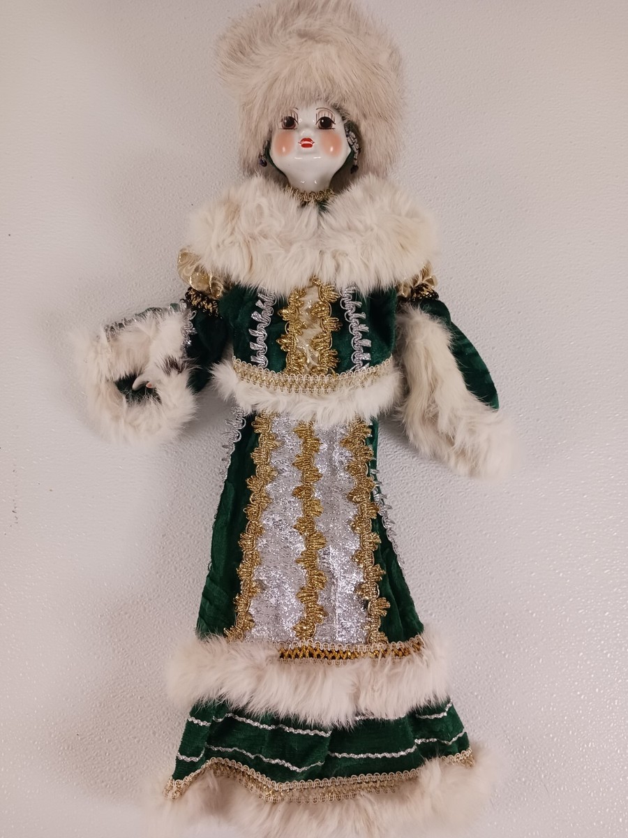Vintage Porcelain 18” Russian Doll With Beautiful Green & Gold