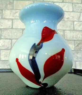 2007 Lotton Studio Art Glass Amberina Leaves Opal Cased Blue Iridescent 4'' VASE