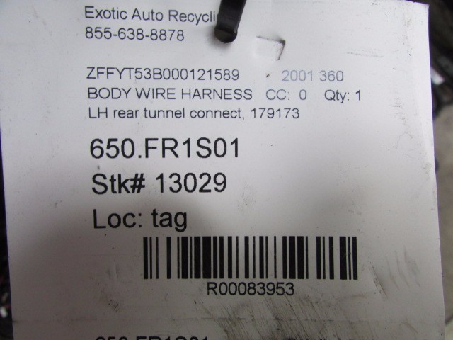 Ferrari 360, LH, Left Rear Tunnel Connection Wire Harness, Used, P/N 179173