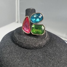 Beautiful Modernist Geometric 3 Stone Colorful Dazzling Gold Tone Ring sz 8
