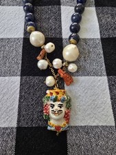 Beaded Lapis Lazuli Pearl Coral Necklace, Ceramic Pendant, Gold Hook