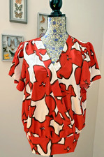 Nine West Women's XL Red & Ivory Satin Floral Faux Wrap V Neck Banded Waist Top