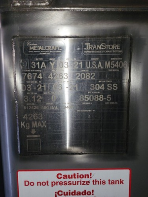 #ad 550 GALLON STAINLESS STEEL TOTE TANK BOTTOM OUTLET TOP MANWAY $3200.00