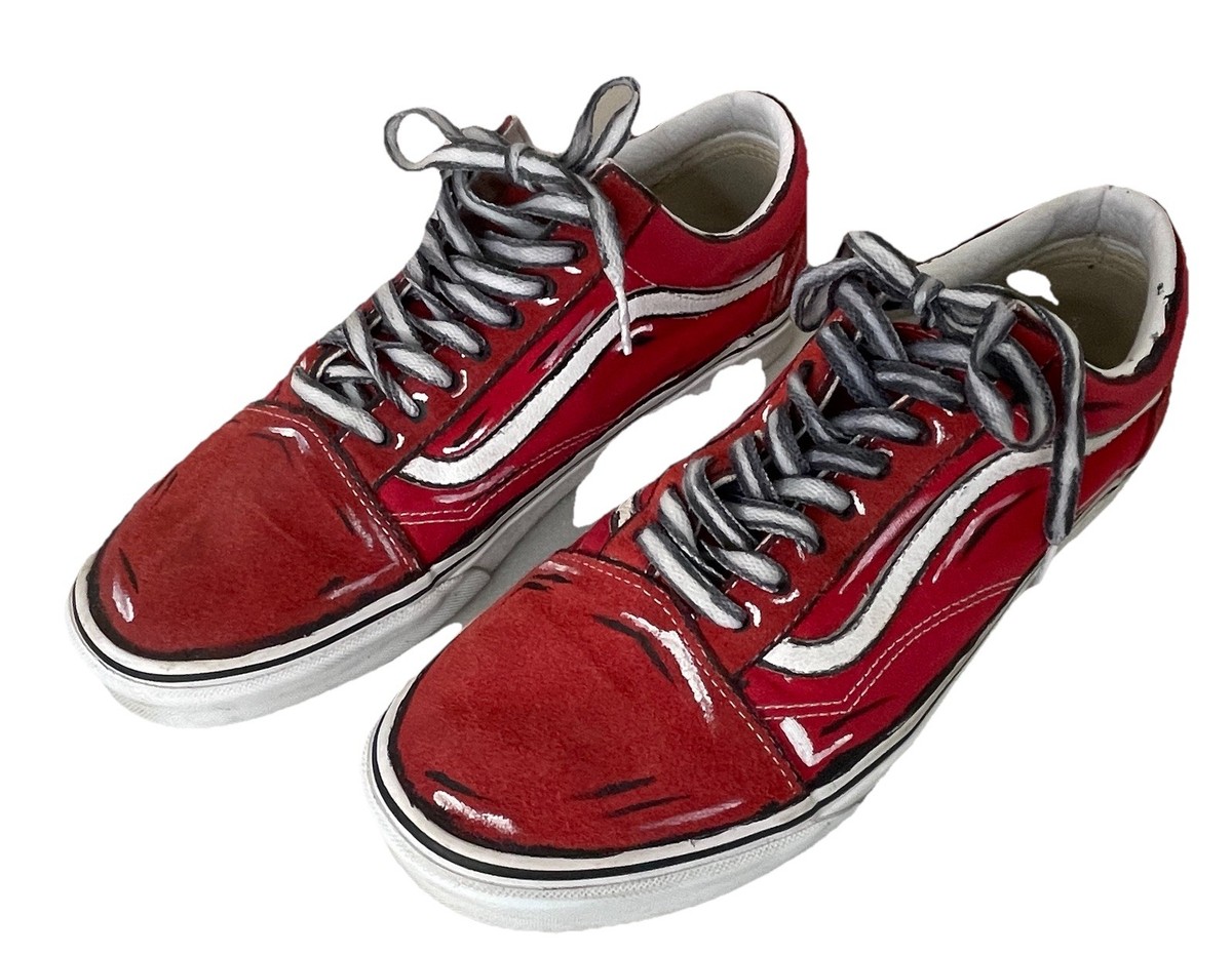 VANS Red/White Old Skool Cartoon Sketch Custom Sneakers Pop 