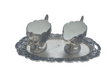 Vintage Silberplattiertes Zucker- & Sahneset mit Tablett, wei&szlig; emailliert, flora