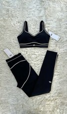 ALO Women's Colorblock Bra Leggings Set Black White Athleisure Yoga Outfit
