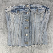 Zara Bustier Top Women's XS Blue Denim Cotton Stretch Smocked Back Strapless