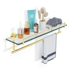 20 Inch Brushed Gold Bathroom Towel Rack with Tempered Glass Shelf, Wall Moun...