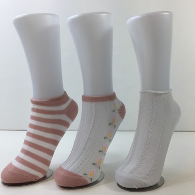 3-Pair Womens Ankle Socks Set   Stripes Daisies & Cable Knit White Fun Styles