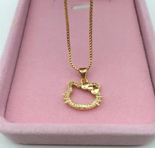 Bow Kitten Pave Cubic Zirconia Cat Hello Kitty Pendant Gold Chain Necklace%%