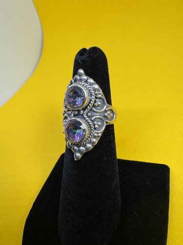 Belle bague en argent sterling 0,925 filigrane deux pierres topaze mystique, taille 6 - Photo 3 sur 7