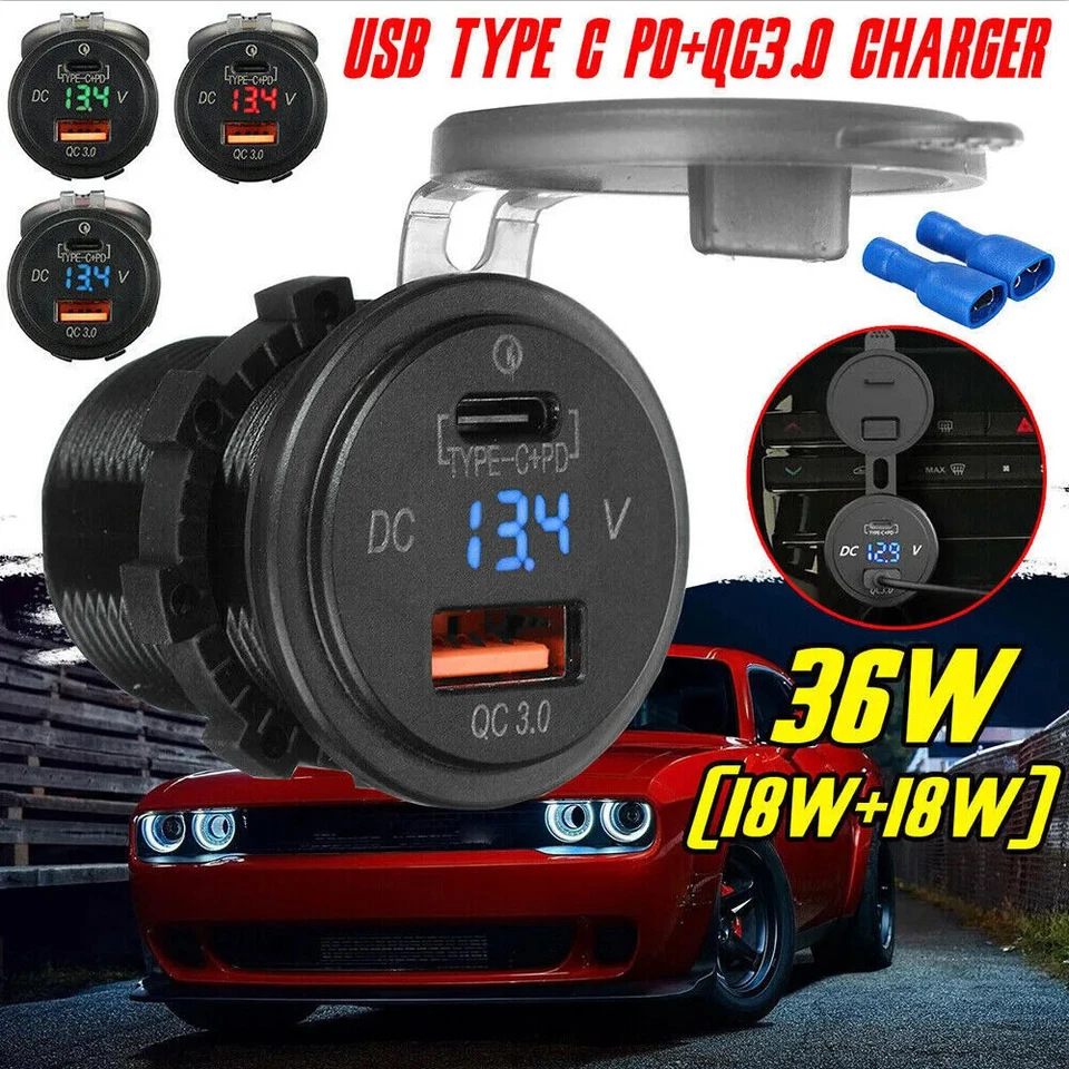 USB C Car Charger QC3.0 & 46W PD Type C 12V 24V USB Marine Boat Outlet Socket - Image 4 of 4