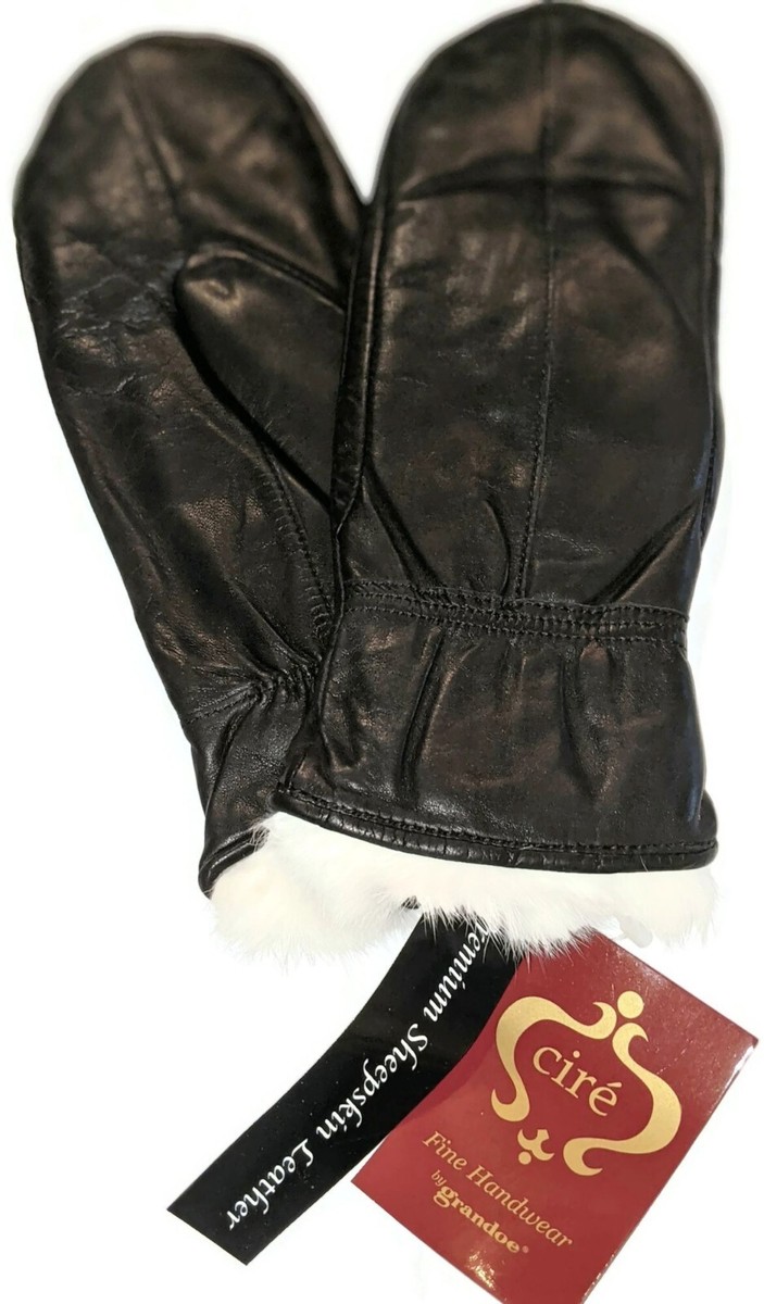 Ladies Cire White Rabbit Fur Lined Leather Mittens, Black,