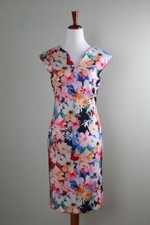 T TAHARI NWT $98 Neoprene Stretch Floral V-Neck Sheath Cap Sleeve Dress Size XS