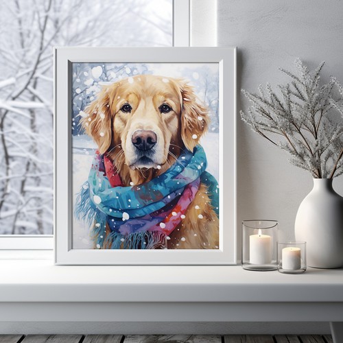 Golden Retriever im Winterschaldruck, Aquarellgemälde, Haustierporträt - Bild 2 von 10