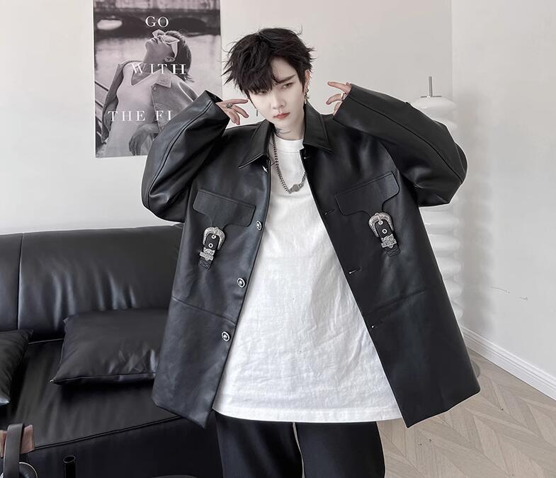 Men's Thickened Lapel Clothing Chain Color Leather Jacket