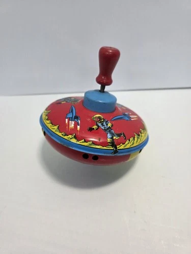 Ohio Art 5" Tin Spinning Top  Spacemen Rocket Space Ship Vintage Mid-Century 50s