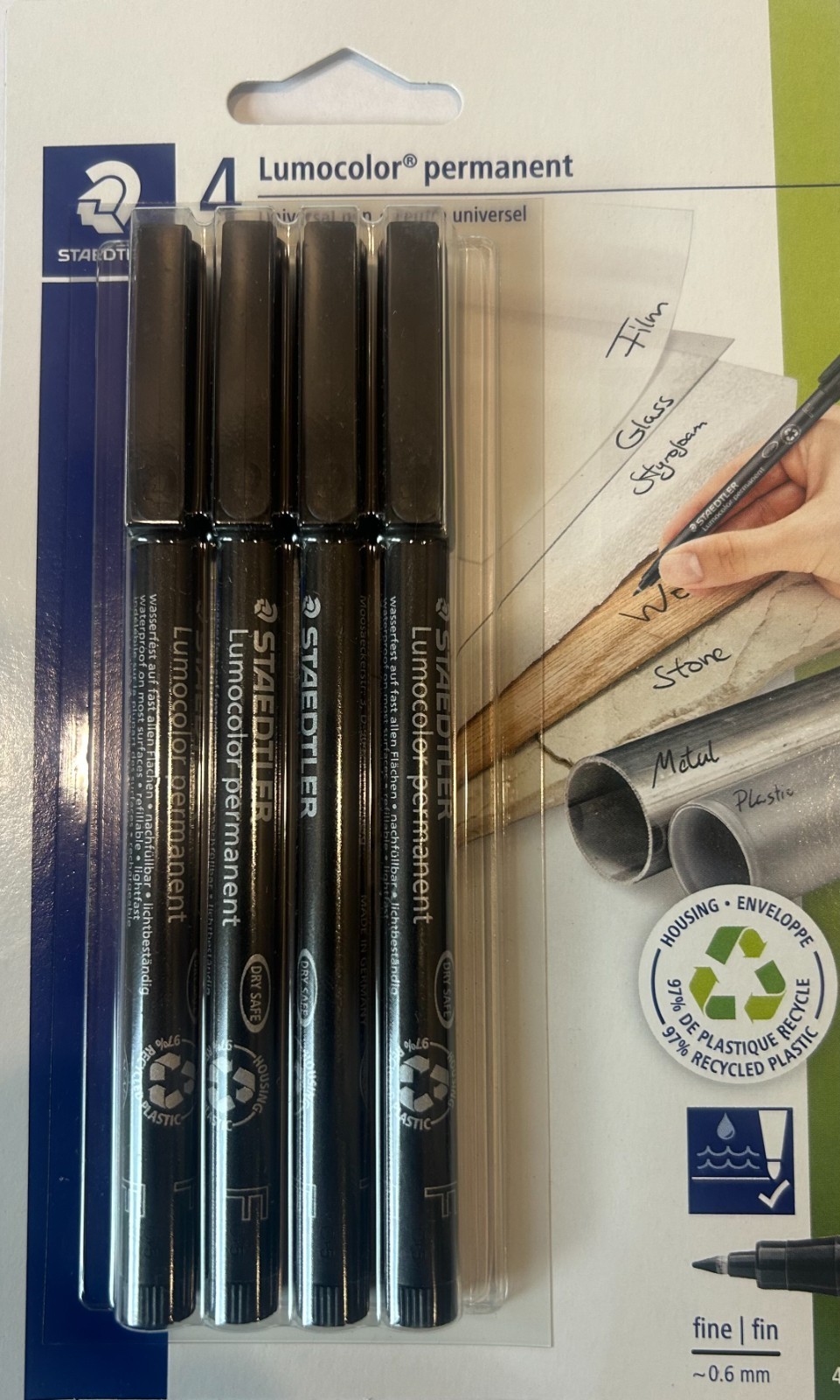 Staedtler Lumocolor Permanent Marker Pens - 4 Pack Fine Tip Black Ink Pens