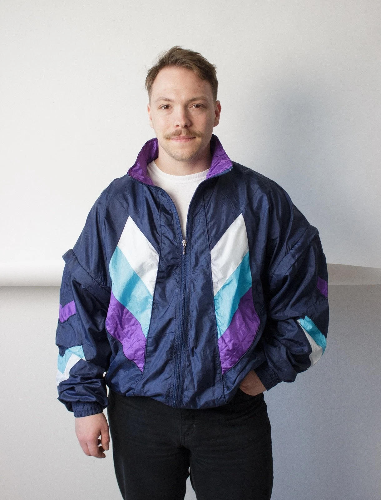 Vintage 90s Windbreaker Jacket Navy Purple Cyan Chevron Zip Off Sleeve Mens XL