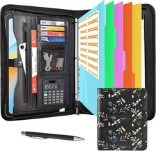  Leather 3 Ring Binder Portfolio Zippered Padfolio with Notepad 5 Protectors