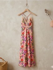 Farm Rio Sand Fairies Lace Trim Slip Midi Dress NWT Medium Beige Pink Multicolor