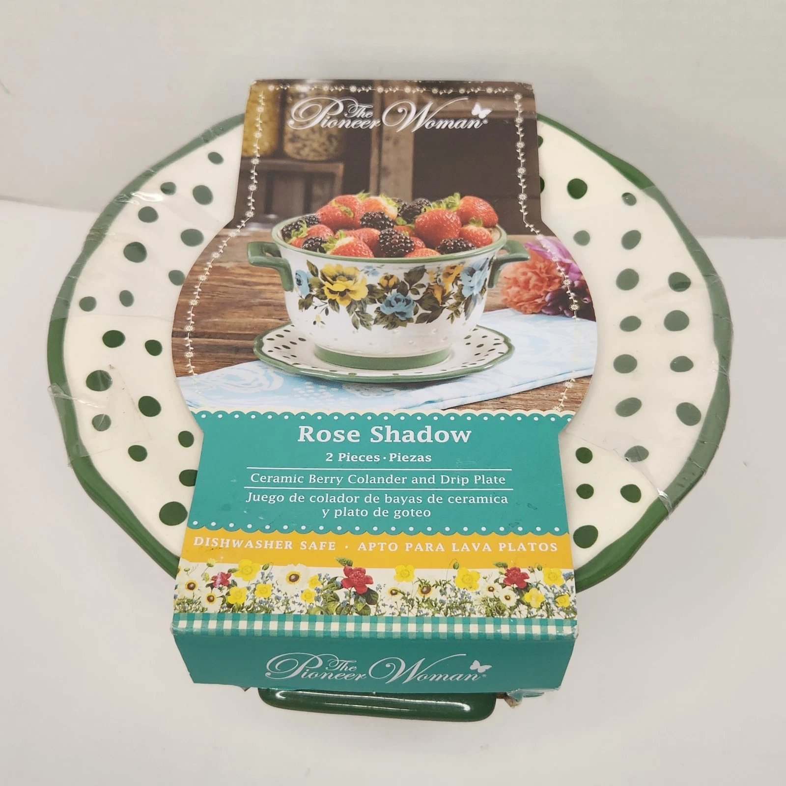 Pioneer Woman Rose Shadow Green Ceramic Berry Colander Strainer with Drip Plate