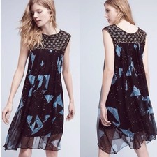 Moulinette Soeurs Anthropologie Lydia Dress Black Beaded Swing Blue Knee Size 2