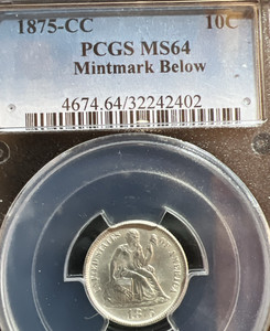 1875-CC 10c Seated Liberty Dime Mintmark Below Wreath MS64
