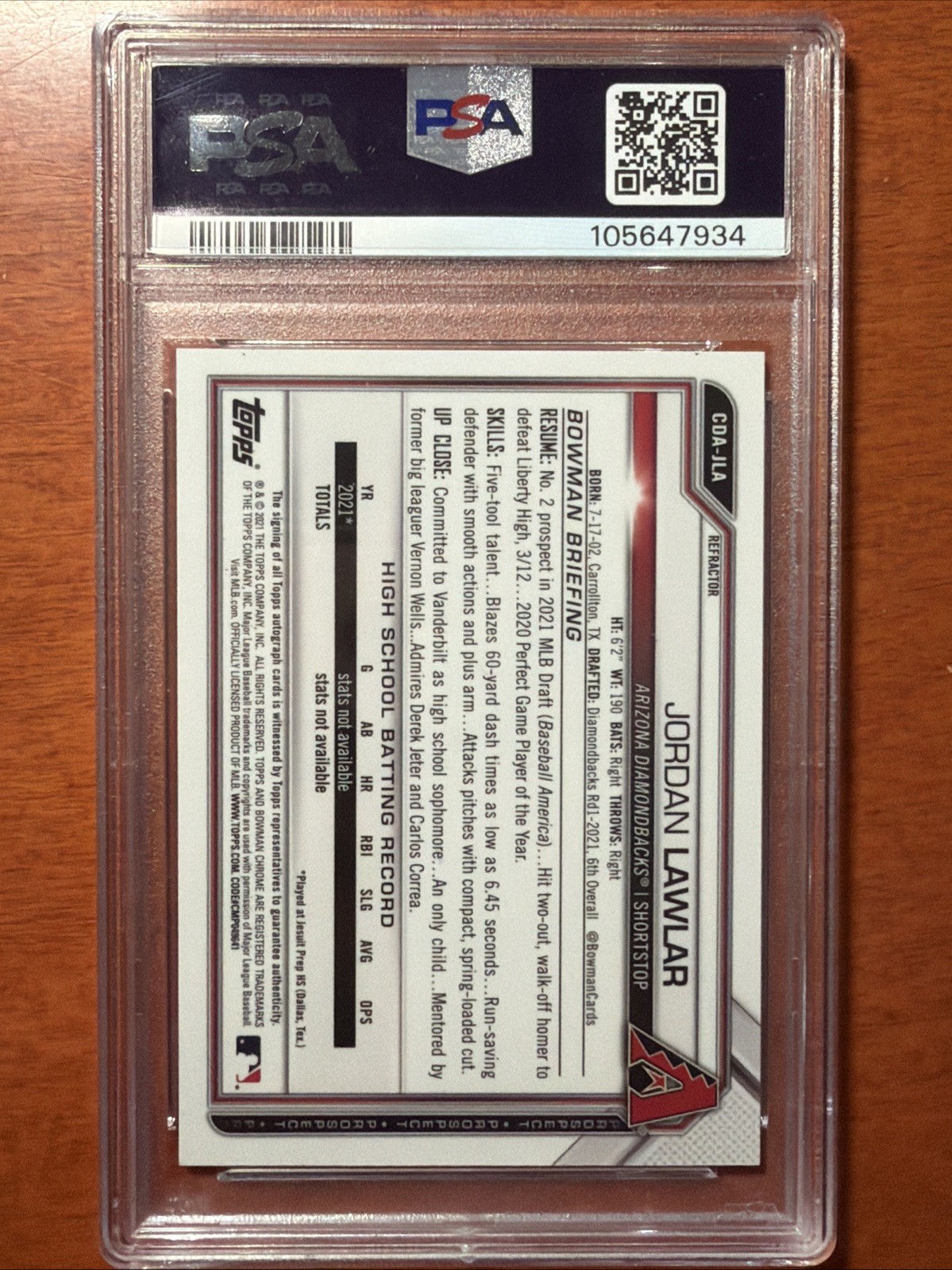 2021 Bowman Draft Jordan Lawlar Chrome Auto 1st Refractor RC /499 PSA 9 view 2
