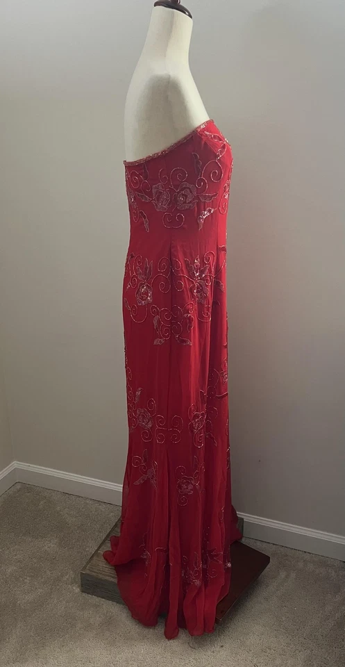Vintage Y2K 90s Dress XL Red Silk Strapless Beaded Sequin Floral Silk Fairycore - Image 3 of 4