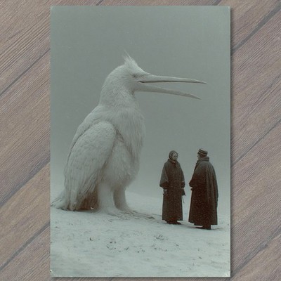 Art Print Giant White Heron Cloaked Figures Snowy Fog Surreal Encounter
