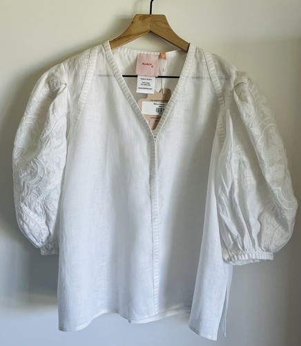 March 11 Womens White Linen Blouse Belize V-Neck Embroidered Tunic Top Sz M $389