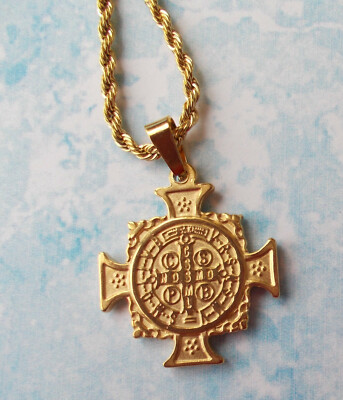Rare GP St BENEDICT NECKLACE Pendant Protection Saint Medal Stainless Steel 24''