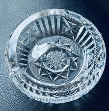 Cut Crystal Cigar Ashtray Hand Cut Round Vintage Bohemian Hobstar Wheat
