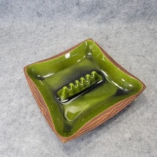Vtg Ceramic Ashtray Retro Brown w/ Green Drip Glaze  9.5"x9.5"  Square USA 1014