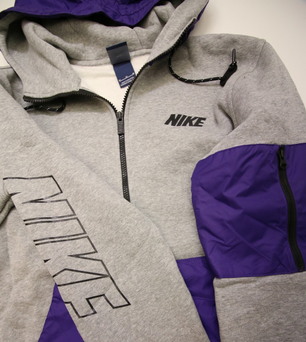 Nike Patchwork Fleece Hooded Zip Jacket M Spellout Gray Purple