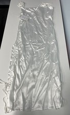 Satin Jacquard Cowl Neck String Along Mini Dress Side Ruched Silky Slip SMALL Wh