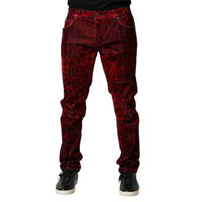 DOLCE & GABBANA Jeans Red Leopard Print Cotton Skinny Denim IT54