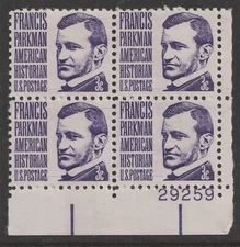US 1281 Francis Parkman 3c plate block 4 LR 29259 MNH 1967