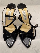 Jimmy Choo Perfect-F Black Satin Crystal Toe Sandals Heels EU 38 US 8 Box Condit