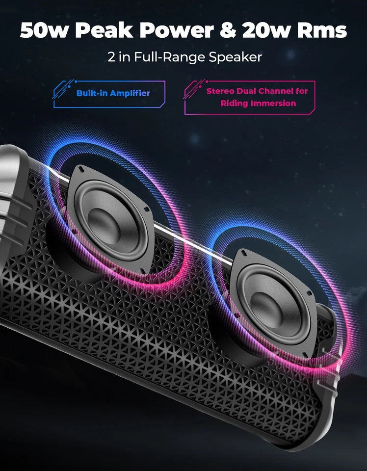 Bluetooth Motorcycle Stereo Speakers Soundbar Audio System 7/8-1.25'' Handlebar - Image 3 of 4